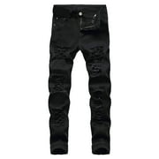 IYTR Mens Ripped Denims Fashion Pants Slim Jeans With Pockets Street Stylish Retro Jeans Comfy Casual Solid Color Button Zipper Black XXL